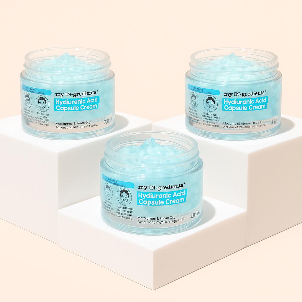 Masque BAR my iN.gredients Hyaluronic Acid Capsule Cream in an open glass jar, showing its blue gel-cream and hydrating capsules, a vegan, fragrance-free moisturiser with hyaluronic acid, niacinamide and shea butter for dry, mature, dehydrated skin.