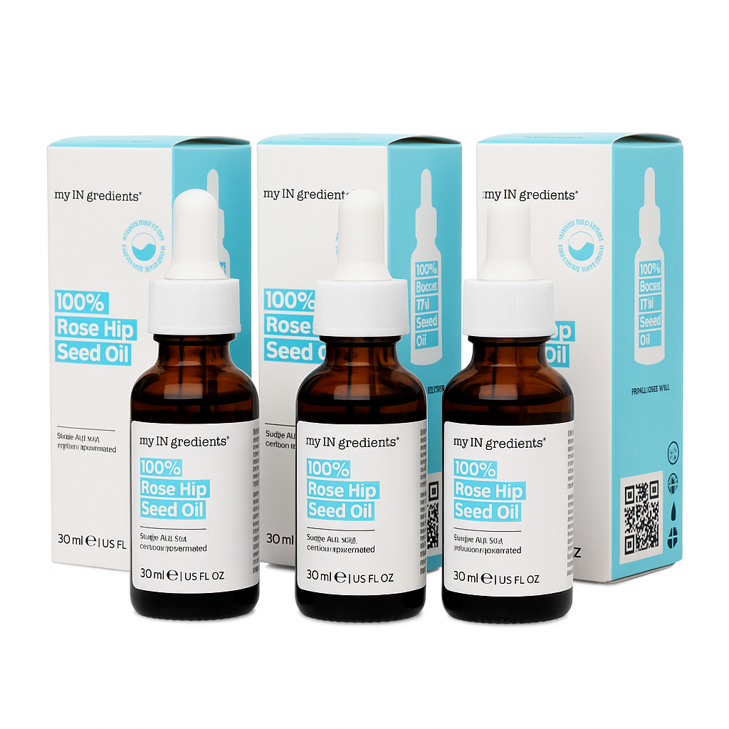 Amber glass bottle of my iN.gredients 100% Rose Hip Seed Oil 30ml with white dropper and minimal turquoise label, shown against a soft blue background, highlighting its pure, vegan formula for hydrating and soothing dull, dry, itchy facial skin.