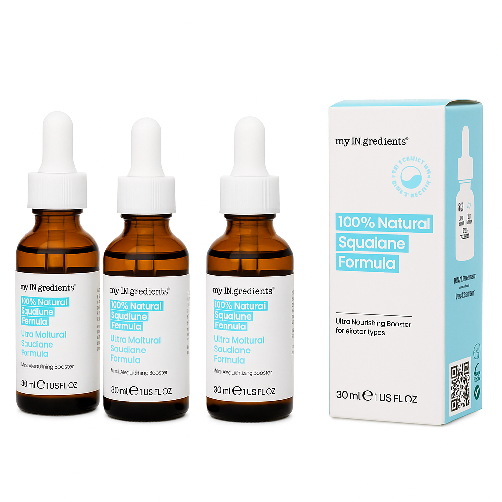 Amber glass bottle of my iN.gredients 100% Natural Squalane Formula 30ml with white dropper and turquoise label on rippling water background, highlighting a lightweight vegan oil that seals in moisture and soothes dry, red skin.