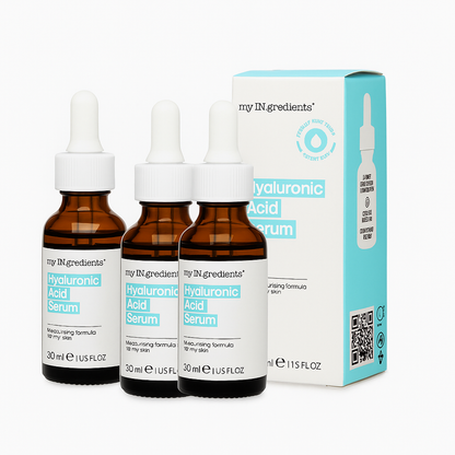 Amber glass bottle of my iN.gredients Hyaluronic Acid Serum 30ml with white dropper and turquoise label, next to its box, showcasing a 2% hyaluronic acid hydrating serum for very dry, tight, dehydrated facial skin.