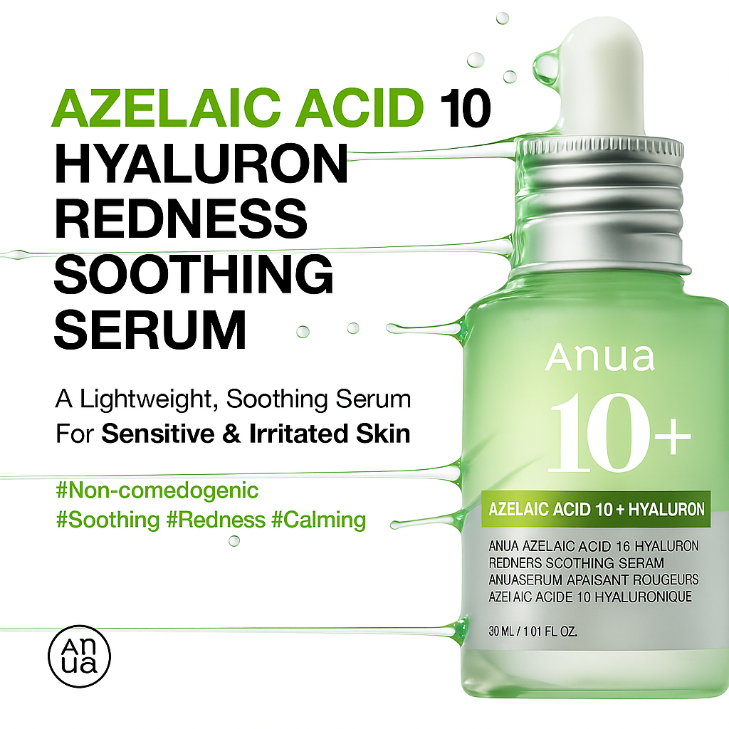 Azelaic acid serum that soothes redness, hydrates deeply, and refines skin texture for smoother, brighter, and balanced skin, ideal for sensitive complexions.
