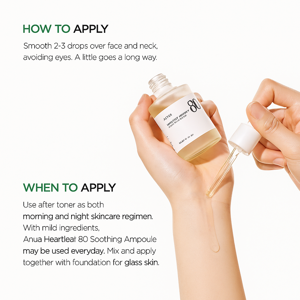 Soothing ampoule with 80% Heartleaf extract that calms, hydrates, and protects sensitive skin, reducing redness and irritation for a balanced complexion.