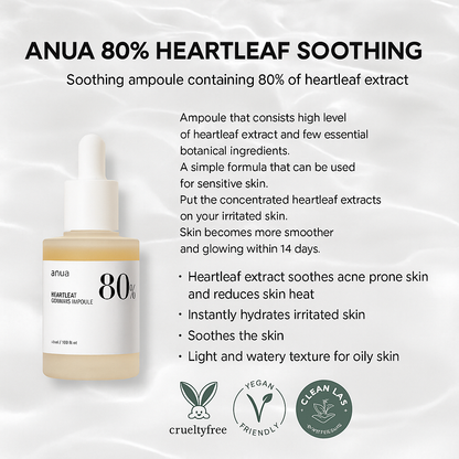 Soothing ampoule with 80% Heartleaf extract that calms, hydrates, and protects sensitive skin, reducing redness and irritation for a balanced complexion.