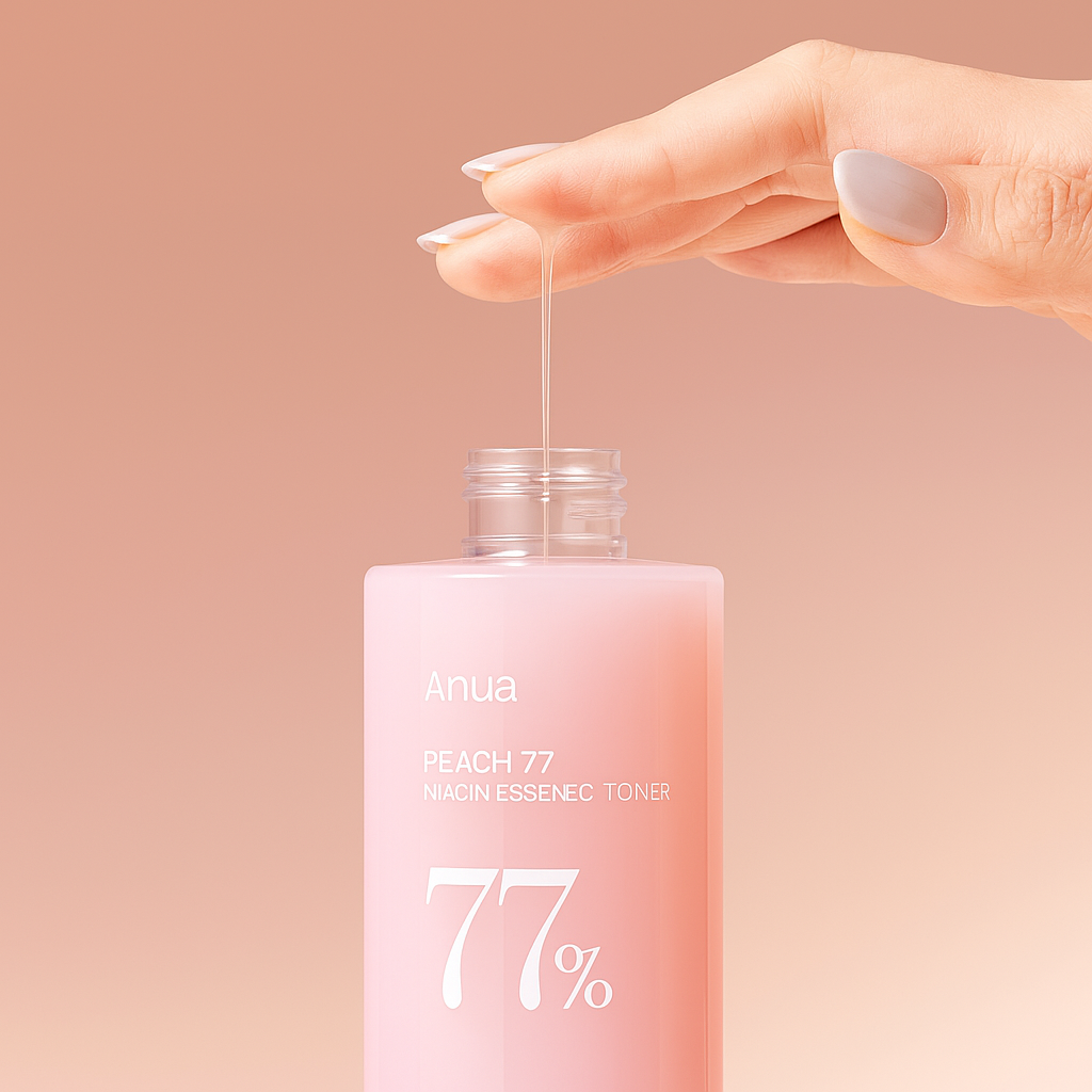 Brightening toner with 77% peach extract and niacinamide that hydrates, smooths, and refines the skin for a soft, radiant, and balanced complexion.