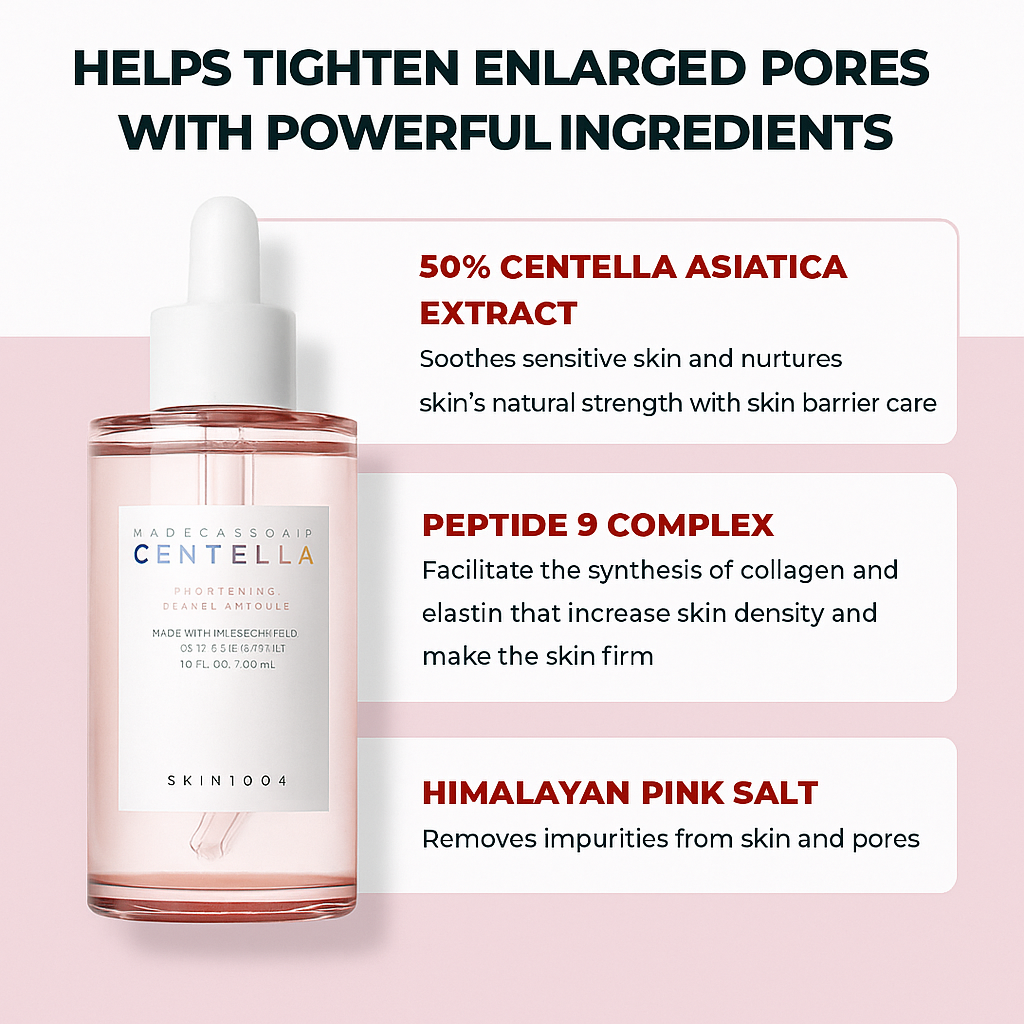 Lightweight pore-refining ampoule with Centella that balances oil, hydrates skin, and minimizes enlarged pores for a fresh, smooth complexion.