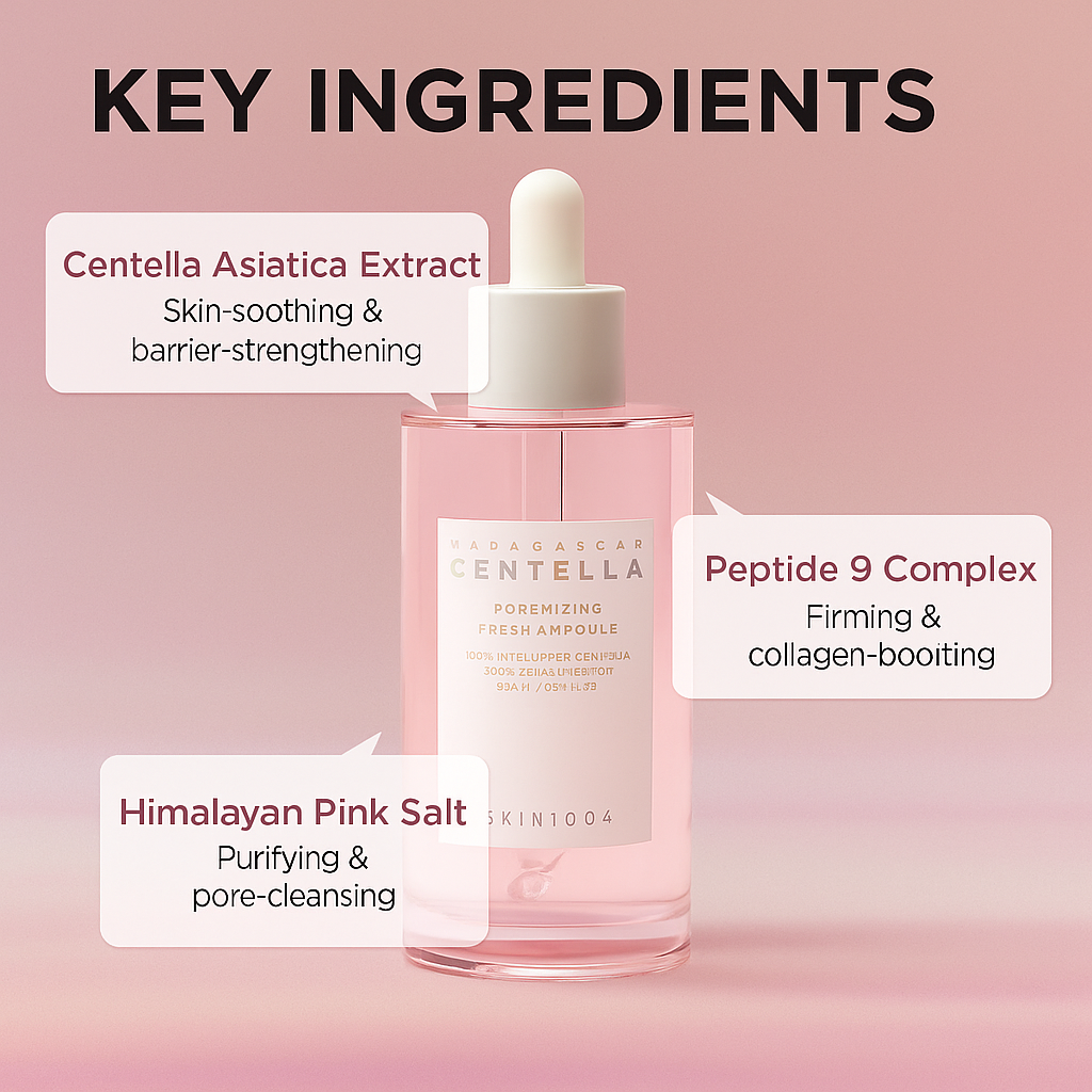 Lightweight pore-refining ampoule with Centella that balances oil, hydrates skin, and minimizes enlarged pores for a fresh, smooth complexion.