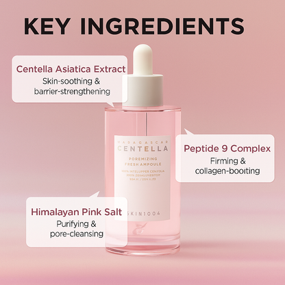 Lightweight pore-refining ampoule with Centella that balances oil, hydrates skin, and minimizes enlarged pores for a fresh, smooth complexion.