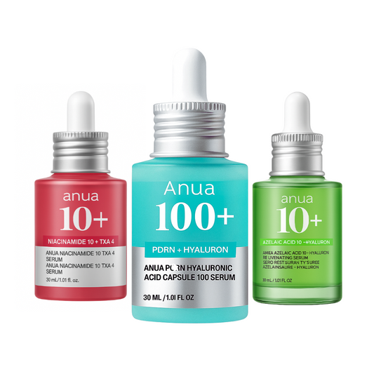 Set of three Anua serums combining Niacinamide, TXA4, PDRN, Azelaic Acid, and Hyaluronic Acid for brightening, hydration, and balanced, radiant skin.