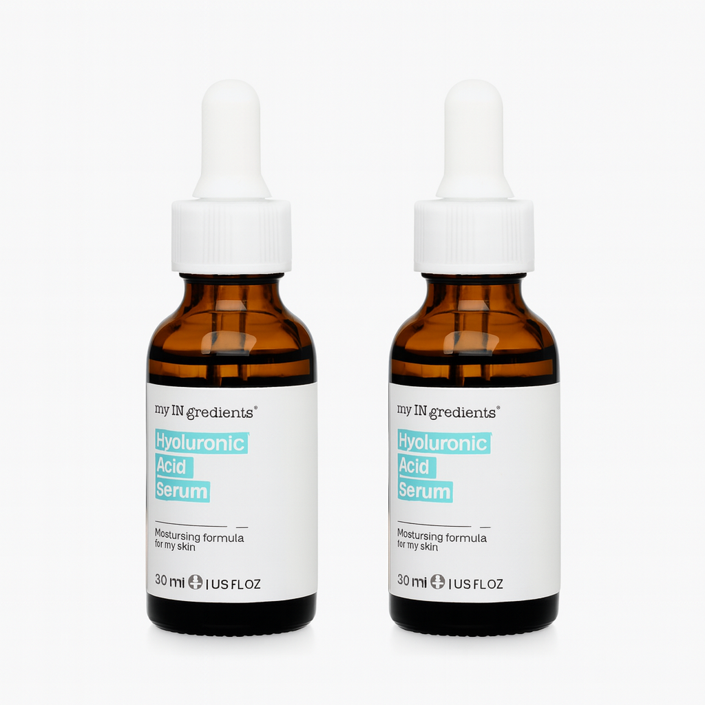 Amber glass bottle of my iN.gredients Hyaluronic Acid Serum 30ml with white dropper and turquoise label, next to its box, showcasing a 2% hyaluronic acid hydrating serum for very dry, tight, dehydrated facial skin.