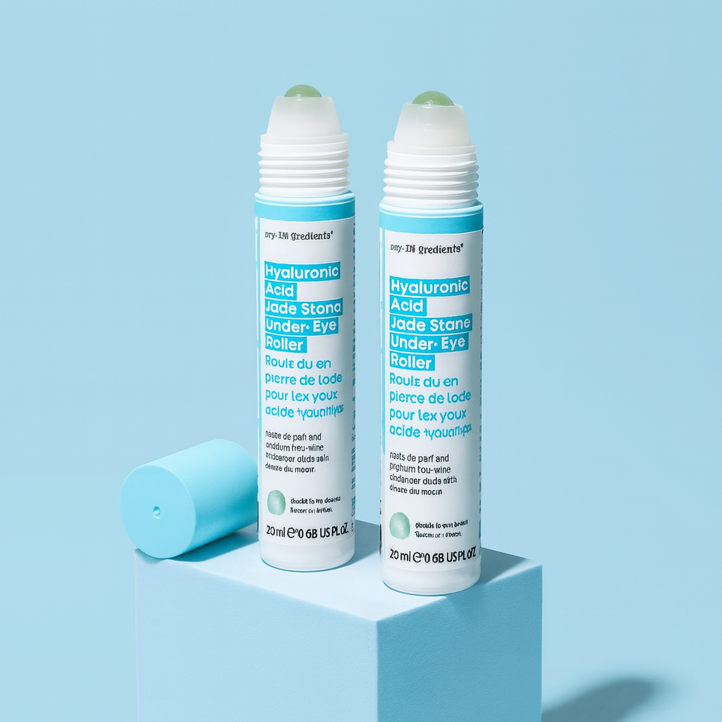 Slim turquoise tube of Masque BAR my iN.gredients Hyaluronic Acid Jade Stone Under-Eye Roller with jade tip exposed on a blue background, a cooling vegan treatment that hydrates, brightens dark circles and softens fine lines under the eyes.