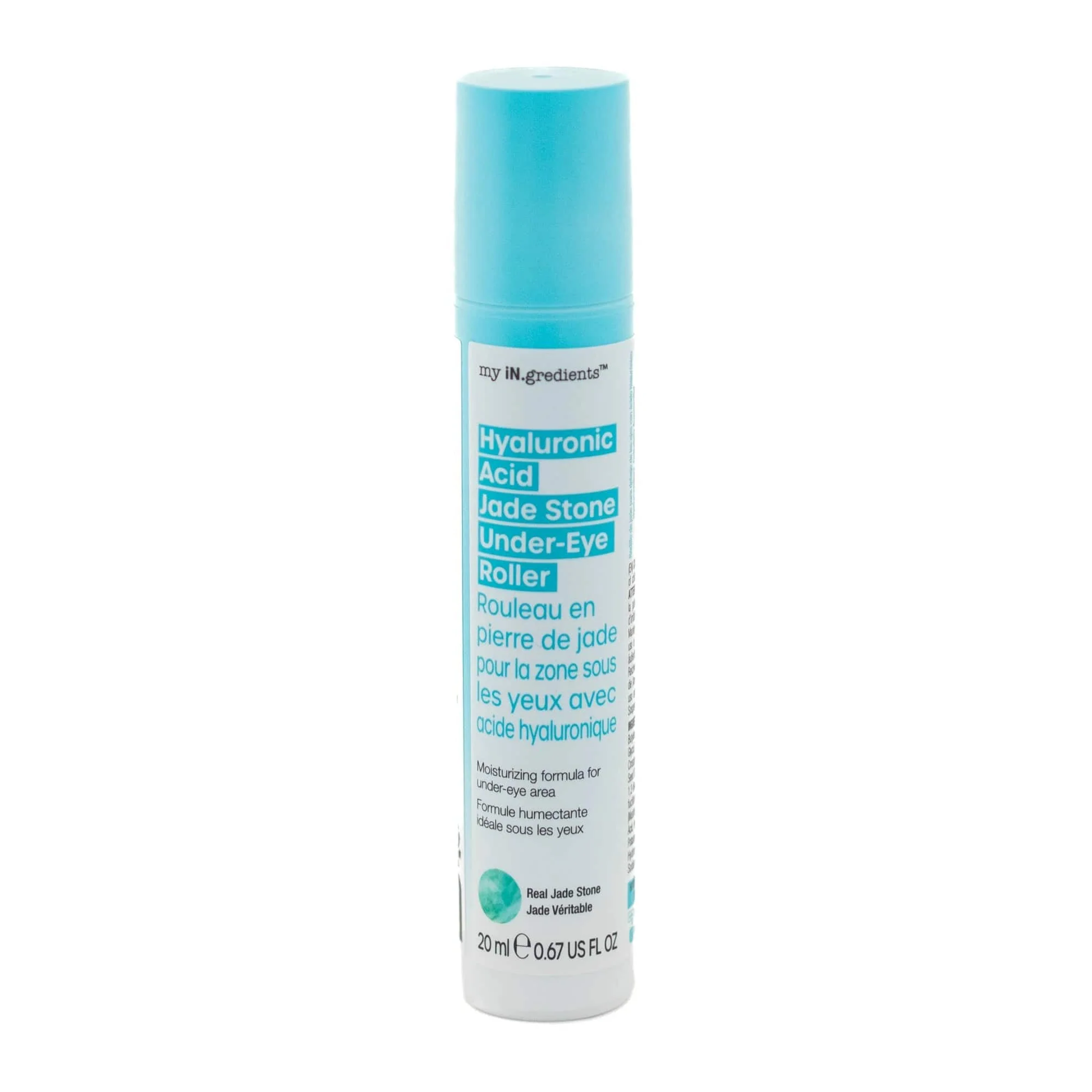 Slim turquoise tube of Masque BAR my iN.gredients Hyaluronic Acid Jade Stone Under-Eye Roller with jade tip exposed on a blue background, a cooling vegan treatment that hydrates, brightens dark circles and softens fine lines under the eyes.