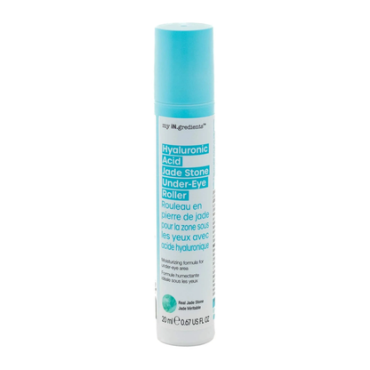 Slim turquoise tube of Masque BAR my iN.gredients Hyaluronic Acid Jade Stone Under-Eye Roller with jade tip exposed on a blue background, a cooling vegan treatment that hydrates, brightens dark circles and softens fine lines under the eyes.