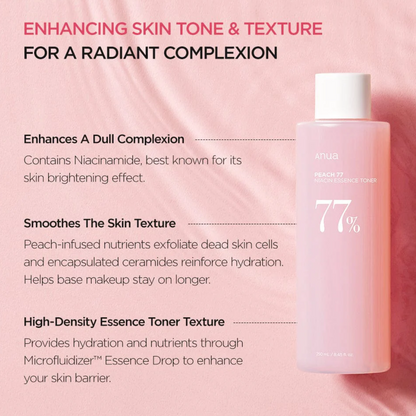 Brightening toner with 77% peach extract and niacinamide that hydrates, smooths, and refines the skin for a soft, radiant, and balanced complexion.