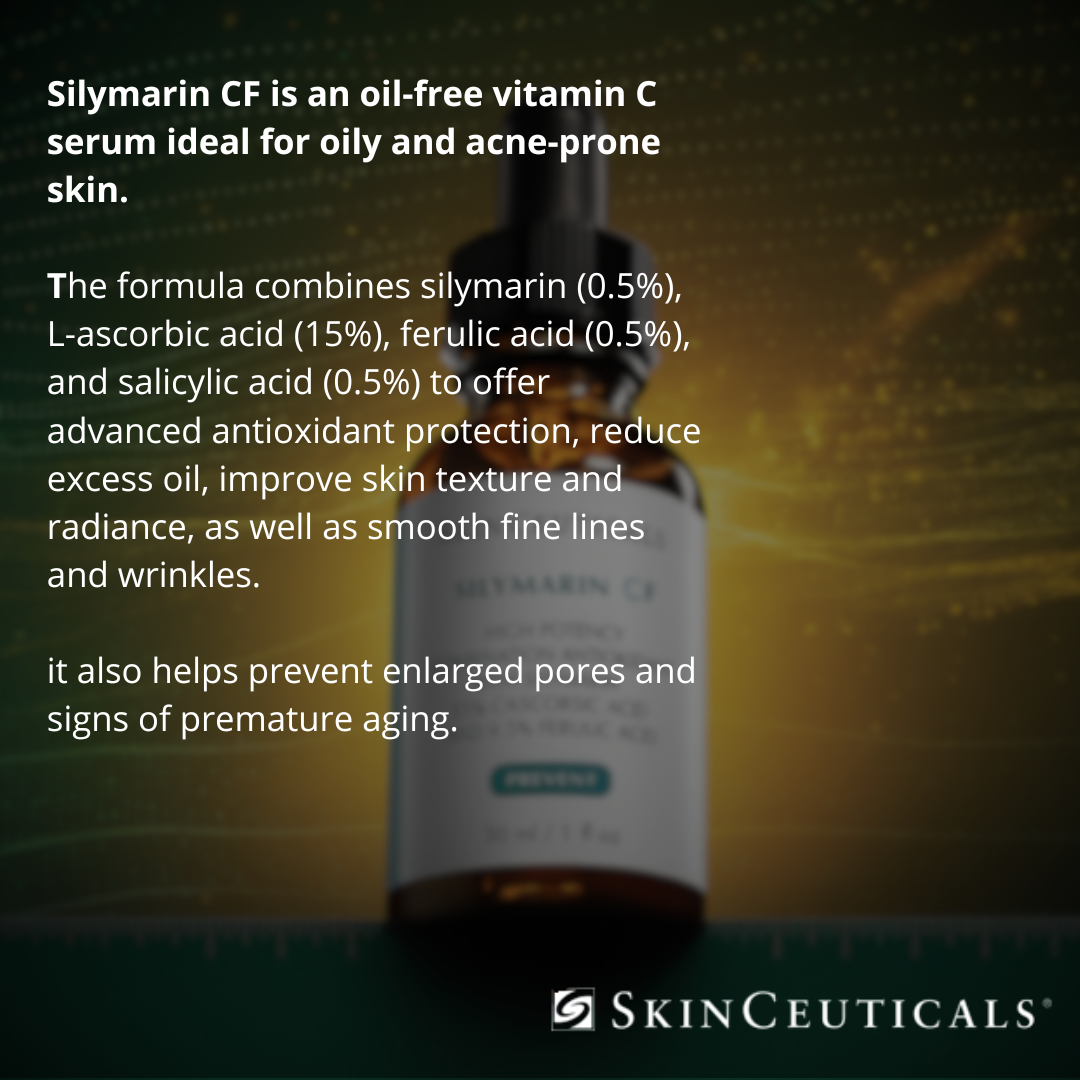 Oil-free antioxidant serum with silymarin, salicylic acid, and vitamin C that controls oil, refines pores, and prevents acne and aging signs.