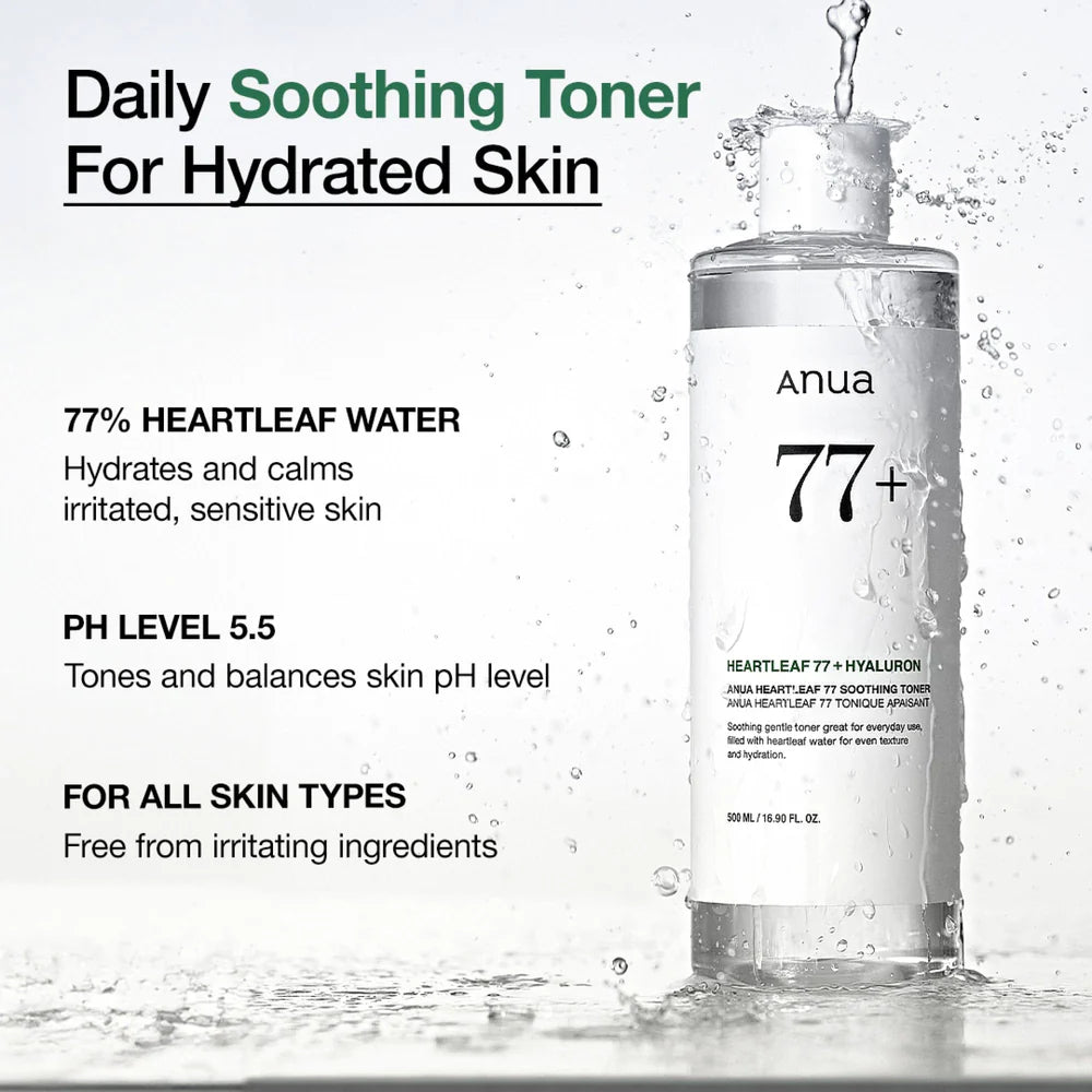 Soothing toner with 77% Heartleaf extract and Hyaluronic Acid that calms redness, hydrates deeply, and balances the skin for daily use.