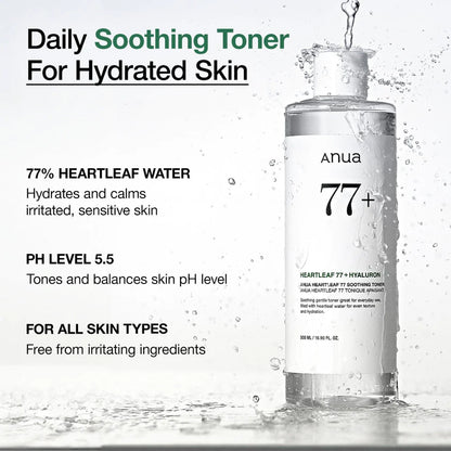 Soothing toner with 77% Heartleaf extract and Hyaluronic Acid that calms redness, hydrates deeply, and balances the skin for daily use.