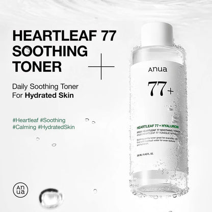 Soothing toner with 77% Heartleaf extract and Hyaluronic Acid that calms redness, hydrates deeply, and balances the skin for daily use.