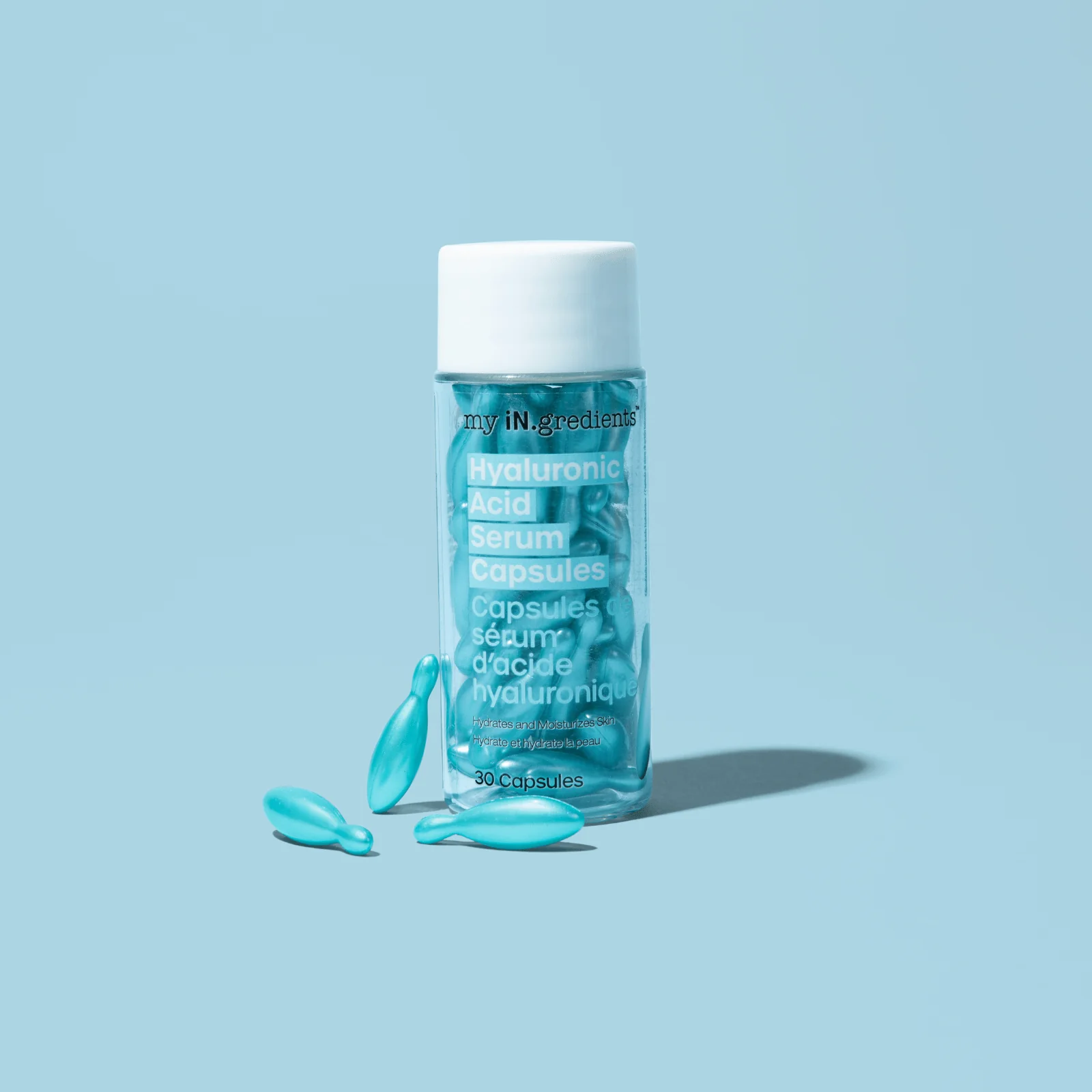 my iN.gredients Hyaluronic Acid Serum Capsules, single-dose hydrating capsules designed to deliver pure moisture with Sodium Hyaluronate. Biodegradable, travel-friendly formula that softens, smooths and replenishes skin.