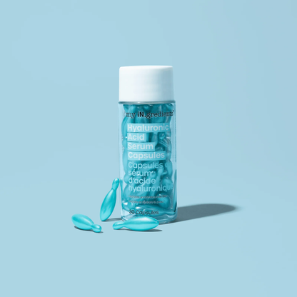 my iN.gredients Hyaluronic Acid Serum Capsules, single-dose hydrating capsules designed to deliver pure moisture with Sodium Hyaluronate. Biodegradable, travel-friendly formula that softens, smooths and replenishes skin.