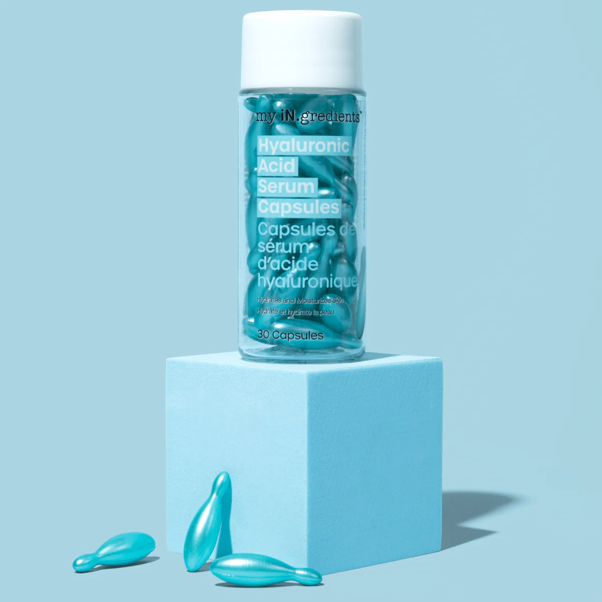my iN.gredients Hyaluronic Acid Serum Capsules, single-dose hydrating capsules designed to deliver pure moisture with Sodium Hyaluronate. Biodegradable, travel-friendly formula that softens, smooths and replenishes skin.