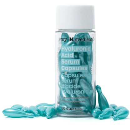 my iN.gredients Hyaluronic Acid Serum Capsules, single-dose hydrating capsules designed to deliver pure moisture with Sodium Hyaluronate. Biodegradable, travel-friendly formula that softens, smooths and replenishes skin.
