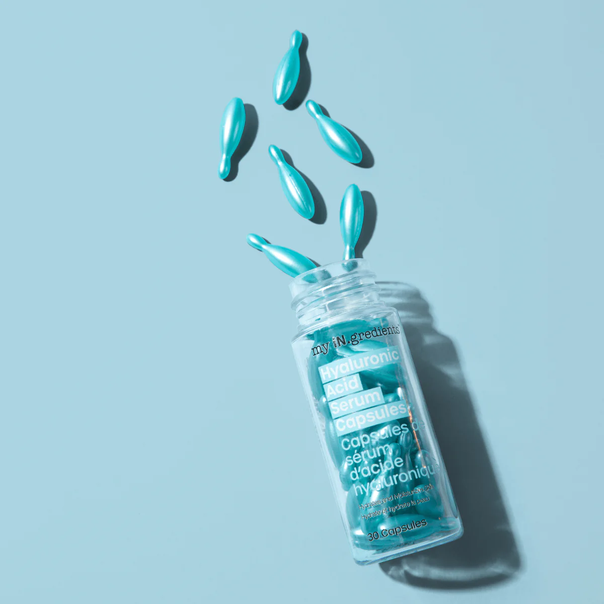 my iN.gredients Hyaluronic Acid Serum Capsules, single-dose hydrating capsules designed to deliver pure moisture with Sodium Hyaluronate. Biodegradable, travel-friendly formula that softens, smooths and replenishes skin.