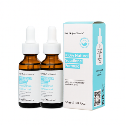 Amber glass bottle of my iN.gredients 100% Natural Squalane Formula 30ml with white dropper and turquoise label on rippling water background, highlighting a lightweight vegan oil that seals in moisture and soothes dry, red skin.