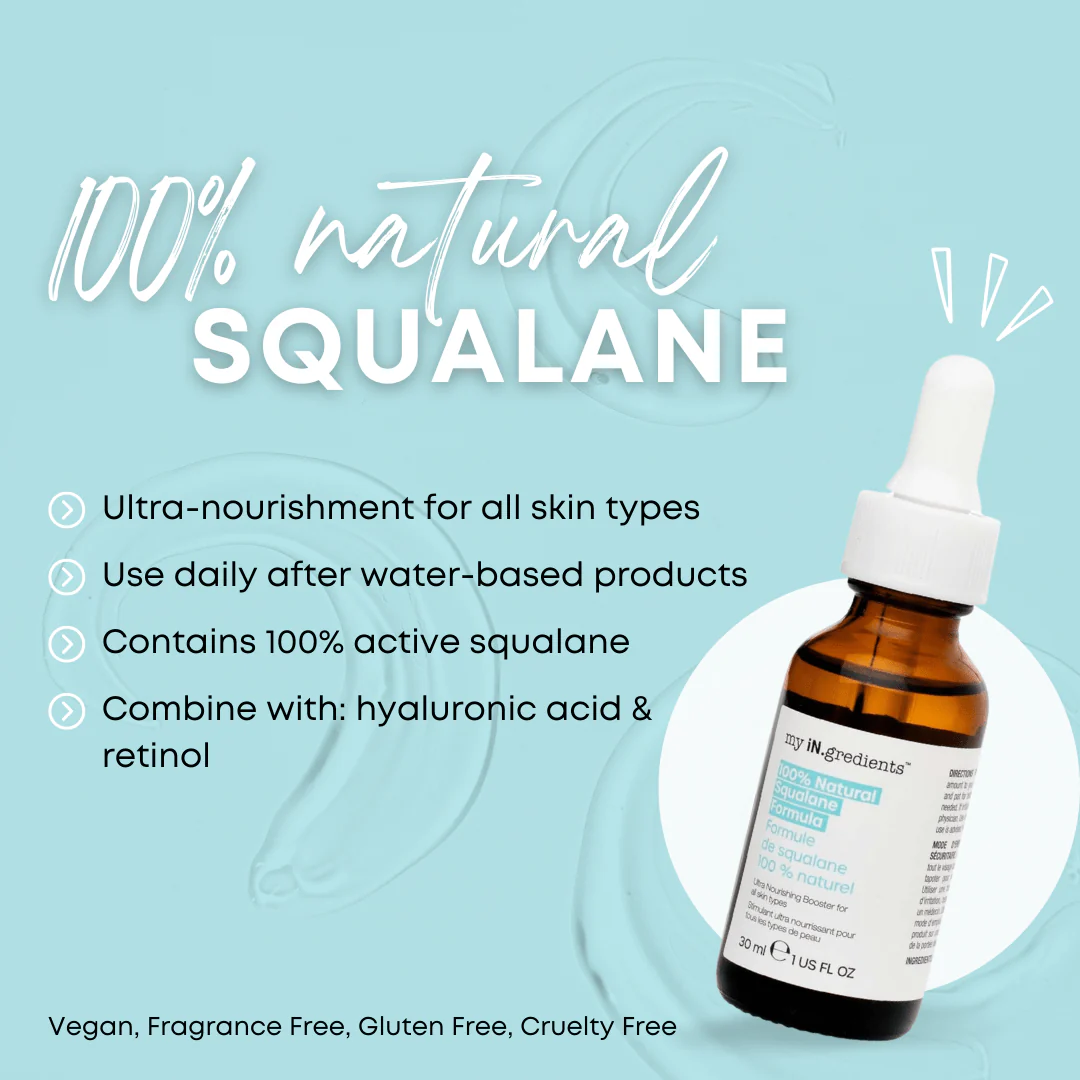 Amber glass bottle of my iN.gredients 100% Natural Squalane Formula 30ml with white dropper and turquoise label on rippling water background, highlighting a lightweight vegan oil that seals in moisture and soothes dry, red skin.