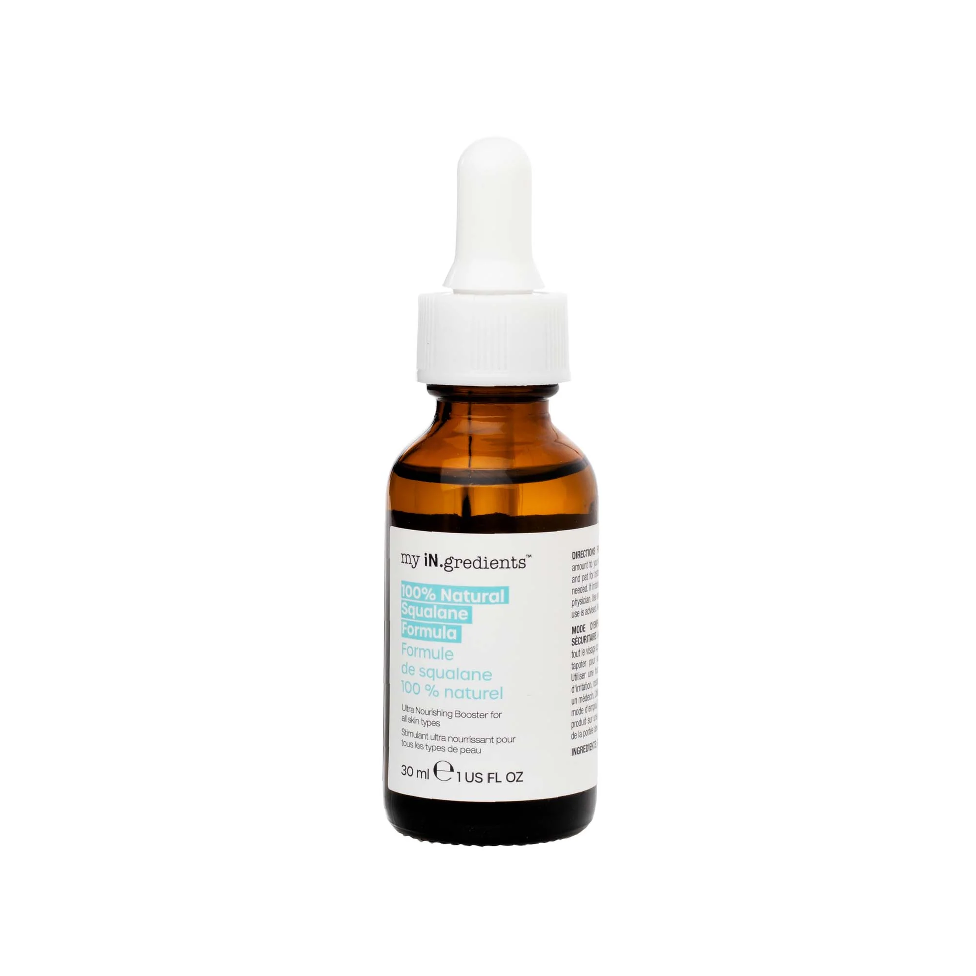 Amber glass bottle of my iN.gredients 100% Natural Squalane Formula 30ml with white dropper and turquoise label on rippling water background, highlighting a lightweight vegan oil that seals in moisture and soothes dry, red skin.