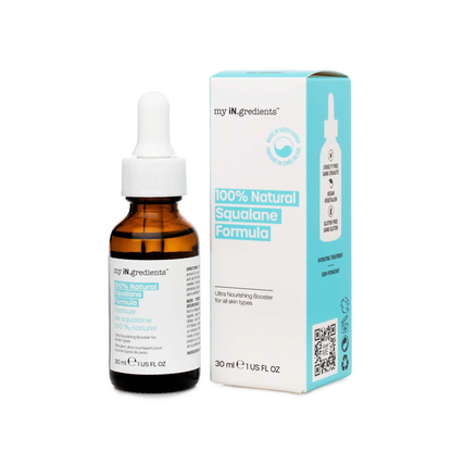 Amber glass bottle of my iN.gredients 100% Natural Squalane Formula 30ml with white dropper and turquoise label on rippling water background, highlighting a lightweight vegan oil that seals in moisture and soothes dry, red skin.