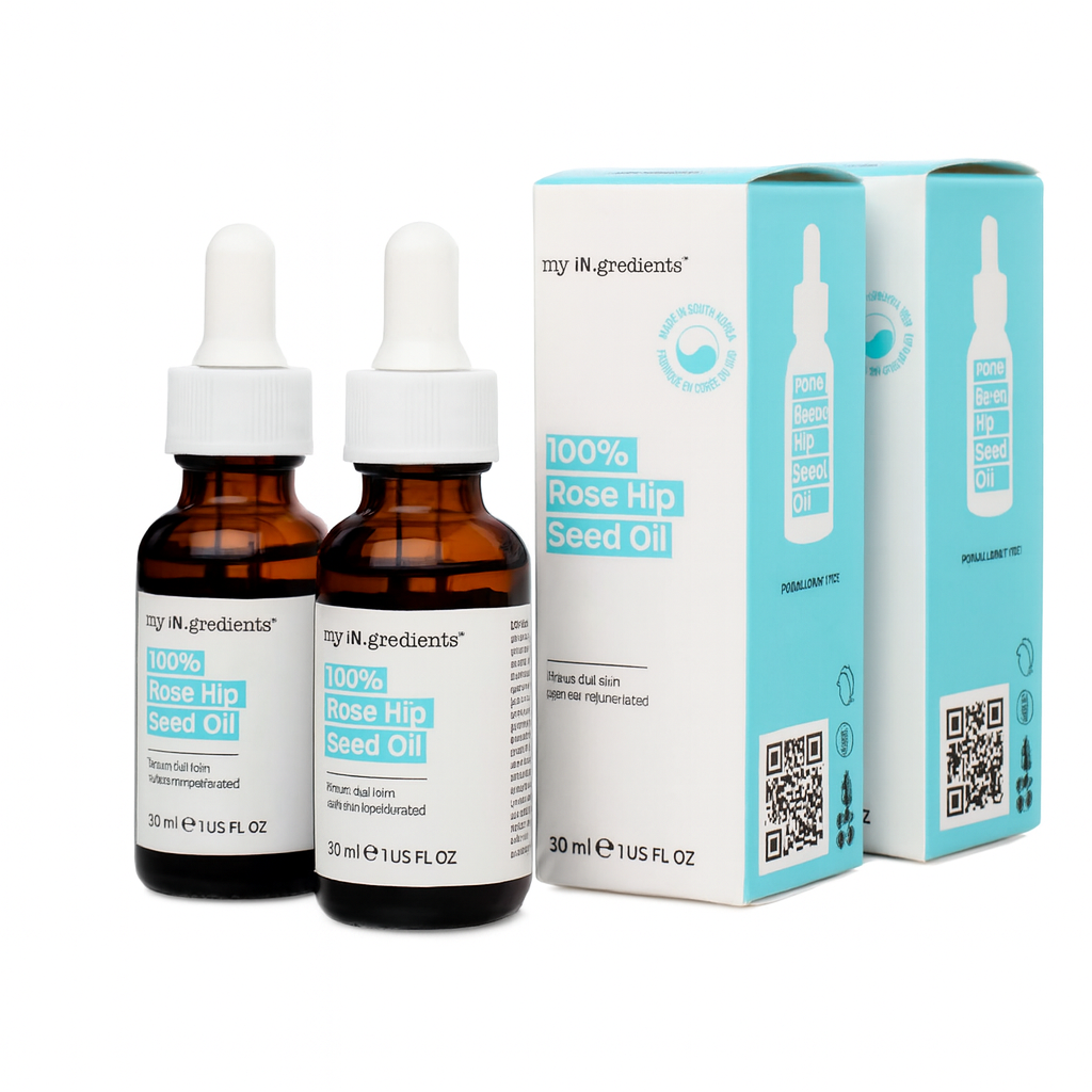 Amber glass bottle of my iN.gredients 100% Rose Hip Seed Oil 30ml with white dropper and minimal turquoise label, shown against a soft blue background, highlighting its pure, vegan formula for hydrating and soothing dull, dry, itchy facial skin.