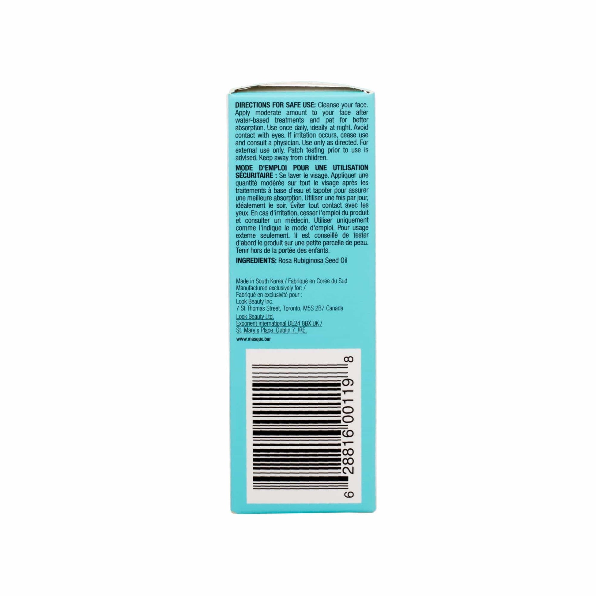 Amber glass bottle of my iN.gredients 100% Rose Hip Seed Oil 30ml with white dropper and minimal turquoise label, shown against a soft blue background, highlighting its pure, vegan formula for hydrating and soothing dull, dry, itchy facial skin.