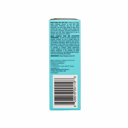 Amber glass bottle of my iN.gredients 100% Rose Hip Seed Oil 30ml with white dropper and minimal turquoise label, shown against a soft blue background, highlighting its pure, vegan formula for hydrating and soothing dull, dry, itchy facial skin.