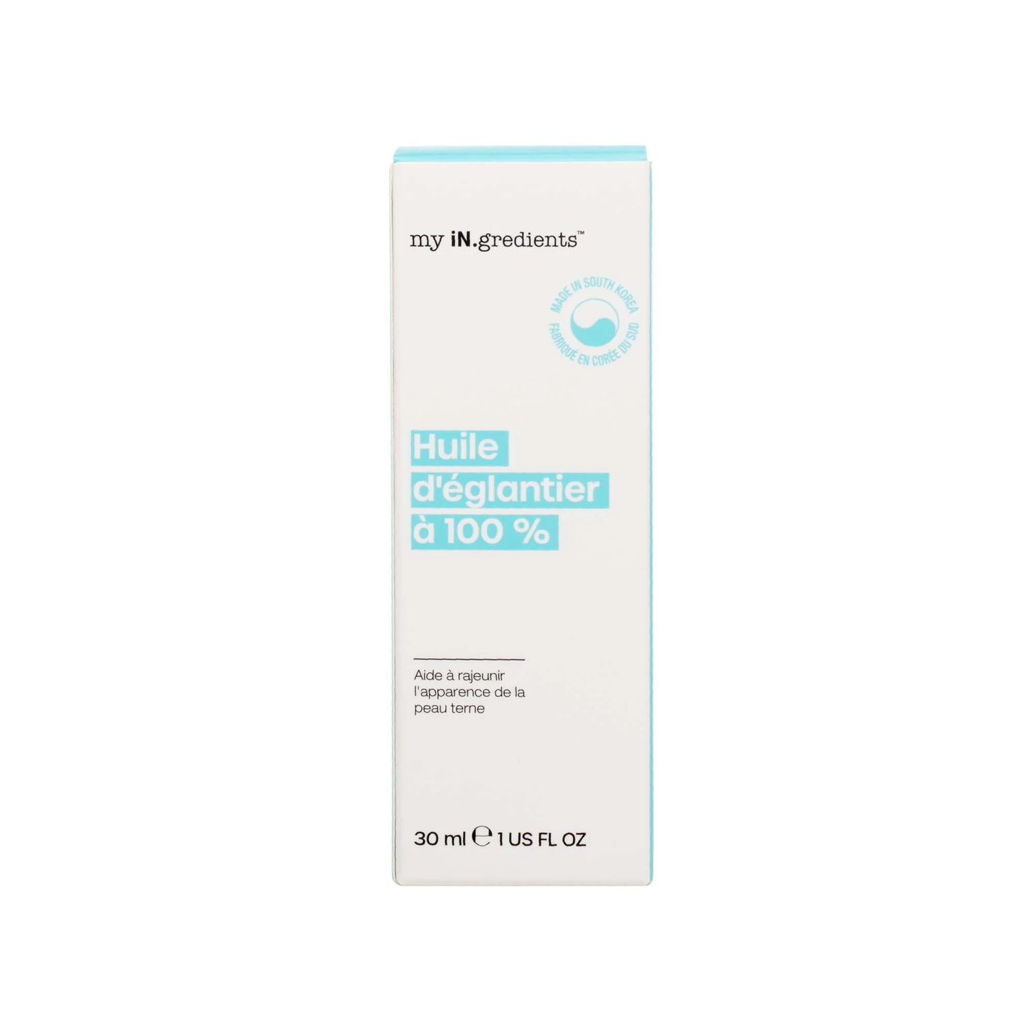 Amber glass bottle of my iN.gredients 100% Rose Hip Seed Oil 30ml with white dropper and minimal turquoise label, shown against a soft blue background, highlighting its pure, vegan formula for hydrating and soothing dull, dry, itchy facial skin.