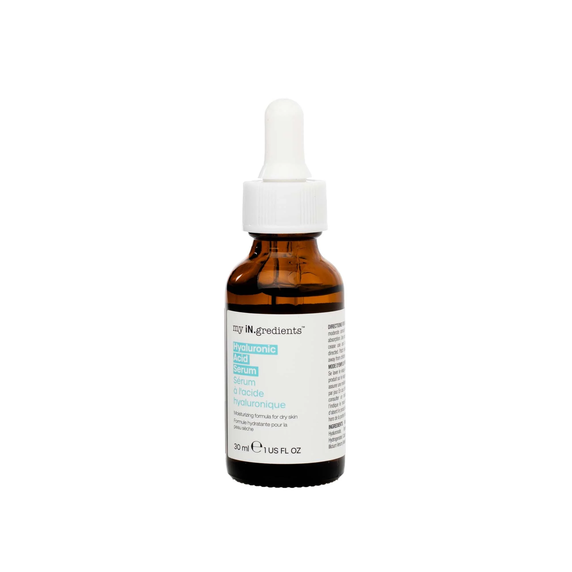 Amber glass bottle of my iN.gredients Hyaluronic Acid Serum 30ml with white dropper and turquoise label, next to its box, showcasing a 2% hyaluronic acid hydrating serum for very dry, tight, dehydrated facial skin.