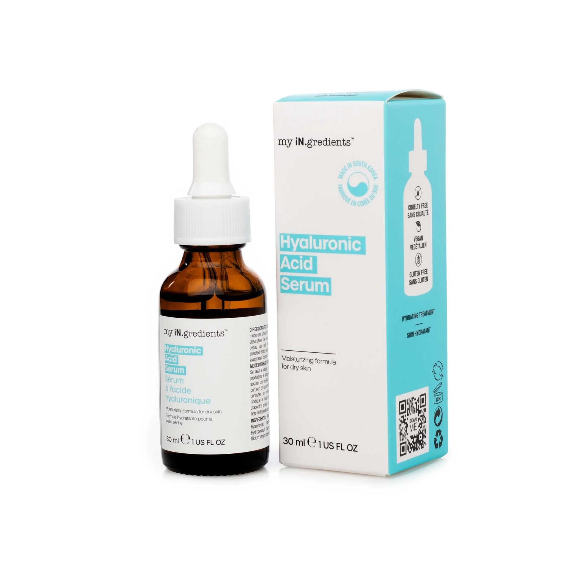 Amber glass bottle of my iN.gredients Hyaluronic Acid Serum 30ml with white dropper and turquoise label, next to its box, showcasing a 2% hyaluronic acid hydrating serum for very dry, tight, dehydrated facial skin.