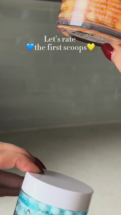 Masque BAR my iN.gredients Hyaluronic Acid Capsule Cream in an open glass jar, showing its blue gel-cream and hydrating capsules, a vegan, fragrance-free moisturiser with hyaluronic acid, niacinamide and shea butter for dry, mature, dehydrated skin.