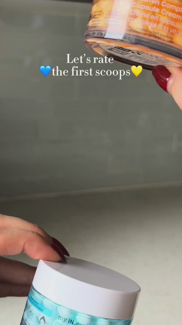 Masque BAR my iN.gredients Hyaluronic Acid Capsule Cream in an open glass jar, showing its blue gel-cream and hydrating capsules, a vegan, fragrance-free moisturiser with hyaluronic acid, niacinamide and shea butter for dry, mature, dehydrated skin.