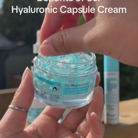 Masque BAR my iN.gredients Hyaluronic Acid Capsule Cream in an open glass jar, showing its blue gel-cream and hydrating capsules, a vegan, fragrance-free moisturiser with hyaluronic acid, niacinamide and shea butter for dry, mature, dehydrated skin.