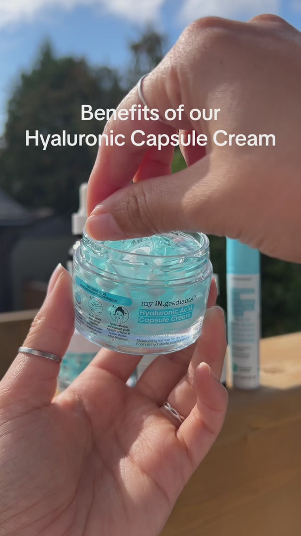 Masque BAR my iN.gredients Hyaluronic Acid Capsule Cream in an open glass jar, showing its blue gel-cream and hydrating capsules, a vegan, fragrance-free moisturiser with hyaluronic acid, niacinamide and shea butter for dry, mature, dehydrated skin.
