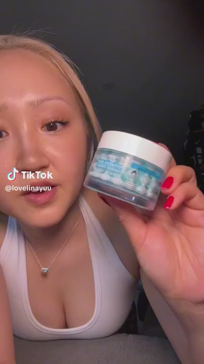 Masque BAR my iN.gredients Hyaluronic Acid Capsule Cream in an open glass jar, showing its blue gel-cream and hydrating capsules, a vegan, fragrance-free moisturiser with hyaluronic acid, niacinamide and shea butter for dry, mature, dehydrated skin.